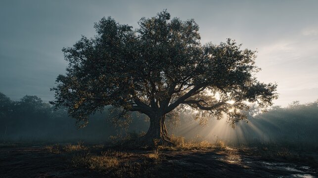 Southern Red Oak - Cinematic Sunrise Landscape in Morning Mist Green