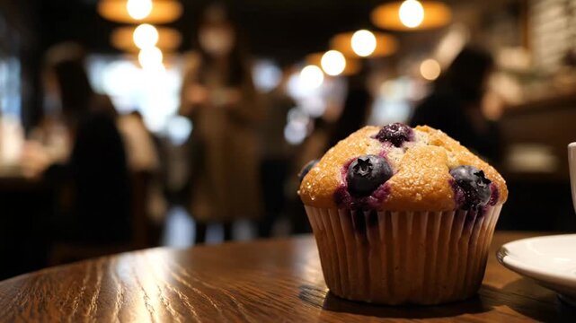 Close-up of a blueberry muffin on a wooden table in a cozy cafe environment capturing warm ambient lighting and blurred