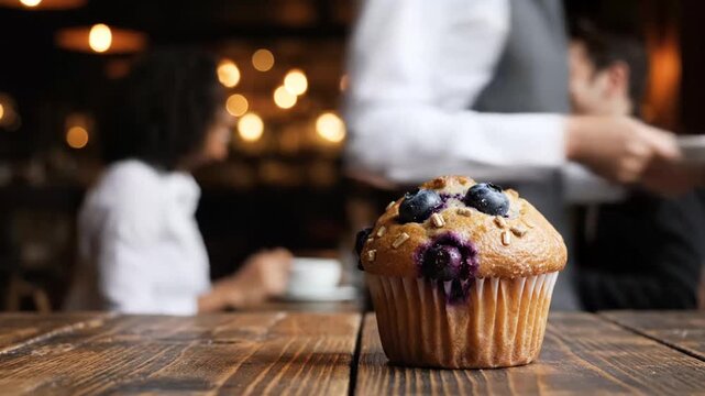 Delicious blueberry muffin on a rustic wooden table in a cozy cafe scene capturing a moment of enjoyment with blurred lights in