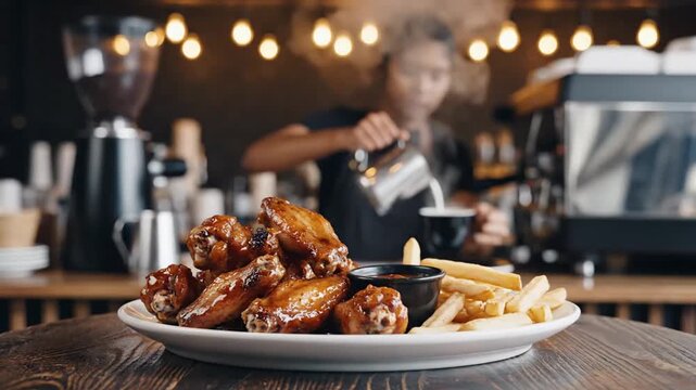 Dynamic sequence of a waitress preparing and serving steaming hot chicken wings with fries in a cozy restaurant ambiance