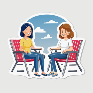 Two women sitting in chairs talking outdoors