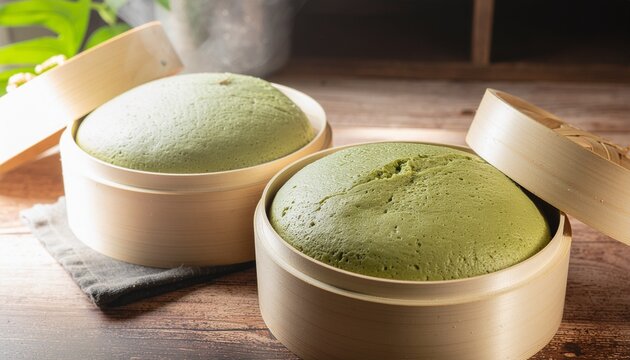 Fluffy Matcha Steamed Bun in Bamboo Steamer BasketFluffy Matcha Steamed Bun in Bamboo Steamer Basketーふわふわの抹茶蒸しパンとせいろ ナチュラルな丁寧な暮らし