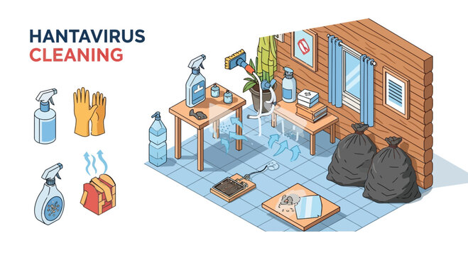 Hantavirus cleaning and rodent control isometric vector illustration