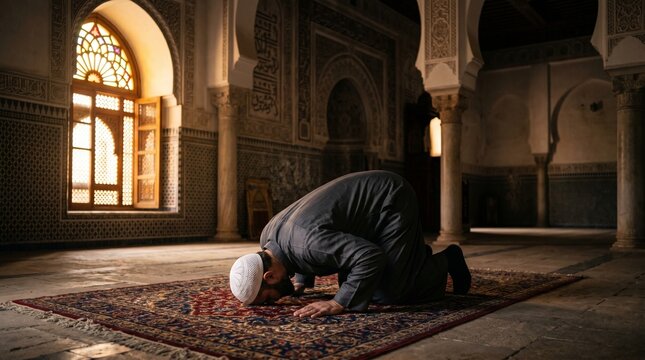 Muslim man prostrating in prayer inside a beautiful mosque with sunlight