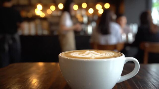 Close-up of a latte with intricate foam art on a dark wooden table in a cozy caf&eacute; setting with blurred background of patrons and