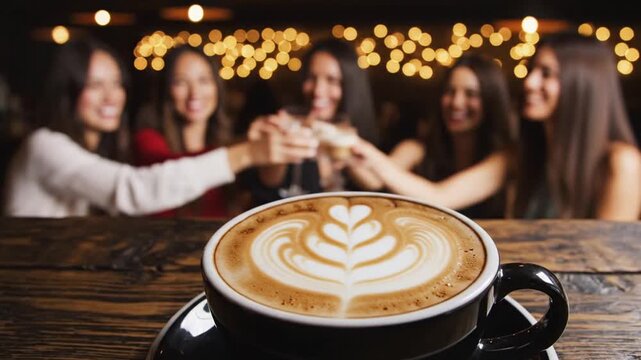 Group of friends enjoying coffee toast celebration with latte art and string lights in cozy cafe setting