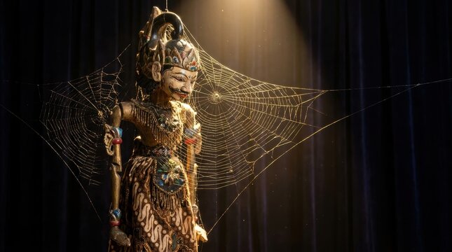 Traditional Indonesian Wayang Golek rod puppet covered in intricate spiderwebs, illuminated by a warm spotlight against dark blue velvet theater curtains in a cinematic atmosphere.