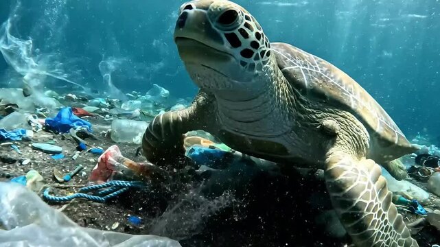 Cinematic Sea Turtle Navigating Polluted Ocean Waters