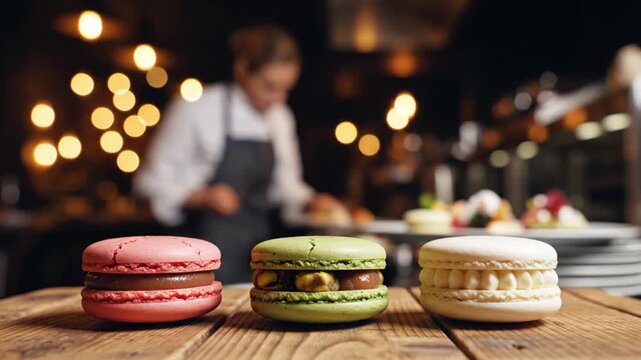 Artisan pastry chef crafting colorful macarons in a cozy bakery setting with warm ambient lighting