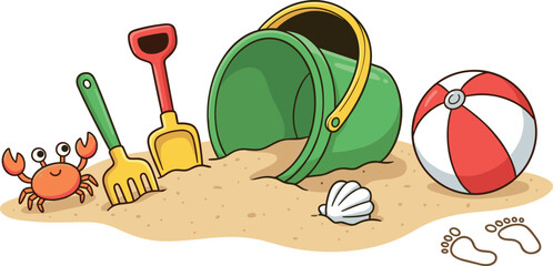 Cute Summer Beach Scene with Sand Bucket Shovel Crab Seashell and Beach Ball in Fun Cartoon Vector Illustration © MstTazmina