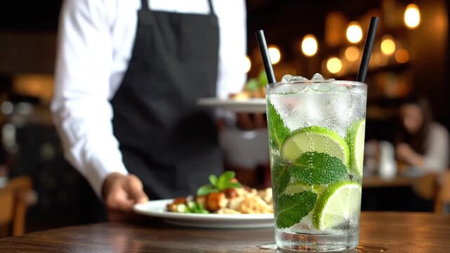 Refreshing lime and mint cocktail served in a vibrant restaurant setting capturing professional waitstaff and lively dining