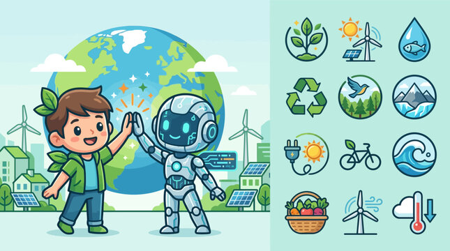 Vector illustration featuring a chibi boy and a robot high-fiving in front of planet Earth, surrounded by solar panels and wind turbines, with a side panel of sustainability icons.