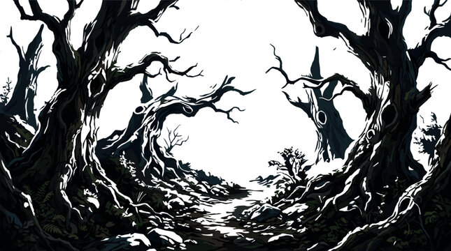 Dark Spooky Forest Path with Twisted Bare Trees and Witch Hat Figure for Halloween, Horror, Fantasy, and Game Background Designs