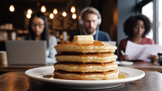 Stack of golden brown pancakes topped with butter and syrup in a cozy coffee shop setting