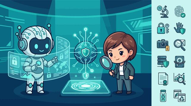 Flat vector illustration of a cute chibi robot and professional woman examining digital security data and shield holograms in a futuristic cyber technology laboratory.