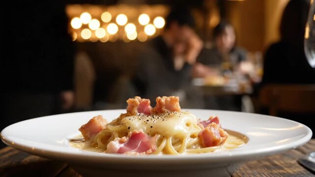 Close-up of gourmet pasta dish served on a white ceramic plate in a cozy restaurant setting with warm lighting