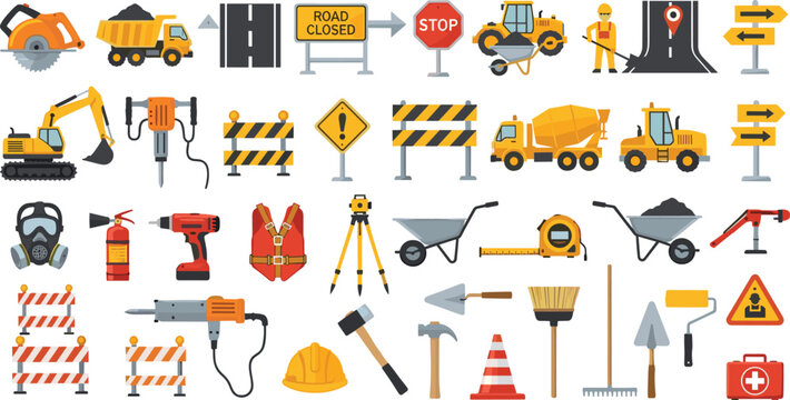 Road Construction and Work Zone Icon Set with Heavy Equipment, Safety Signs, Tools, and Traffic Barriers for Industrial, Engineering, and Infrastructure Design Projects