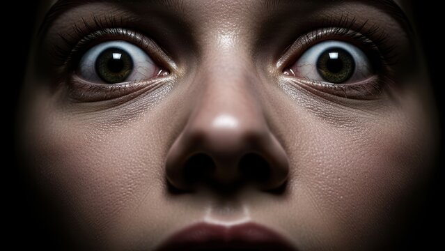 A terrifying close-up of a woman's wide, horrified eyes.