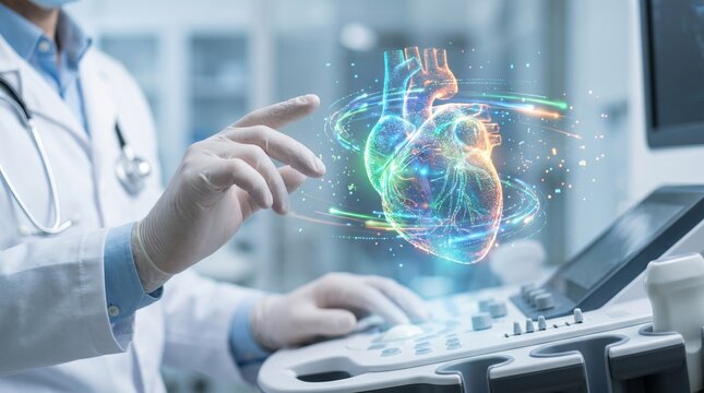 Doctor operating ultrasound equipment with digital 3D human heart hologram, Future medical technology with cardiologist using augmented reality for heart health analysis