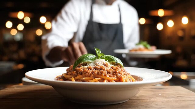 Gourmet pasta dish served elegantly with chef in the background amidst warm ambient lighting