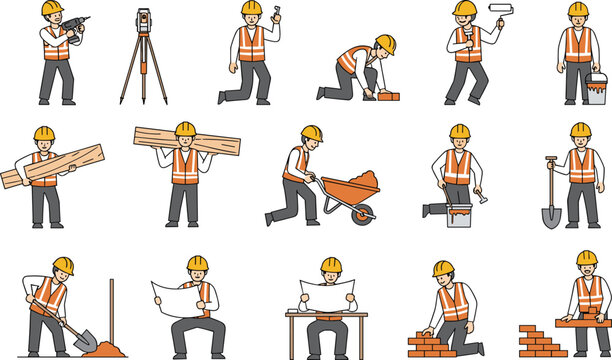 Construction Worker Activity Icon Set with Builder Tasks, Tools, Bricklaying, Planning, and Equipment Usage for Industrial, Engineering, and Workforce Design Projects