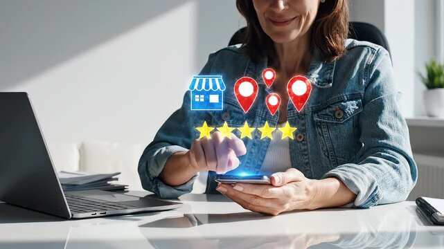 Woman using smartphone with digital icons emphasizing network speed and cloud computing