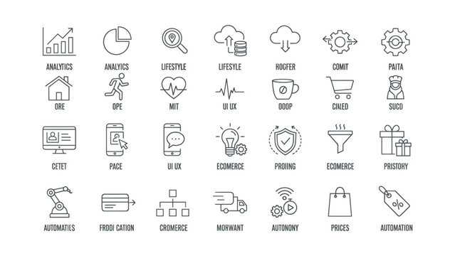 Professional set of fifteen minimalist black line icons for e-commerce and digital marketing business concepts on a clean white background for website UI and mobile app design interfaces