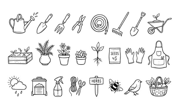 Gardening doodle outline icon vector collection isolated on white