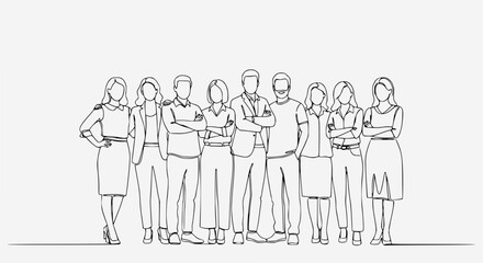 Diverse group of people standing together, arms crossed, line art, white background. © Yusuf