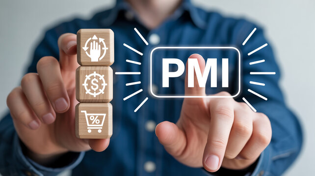 A person holding wooden blocks with business icons and touching a digital PMI logo