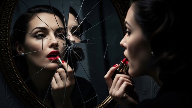 Woman's fractured reflection in a broken mirror as she applies lipstick.