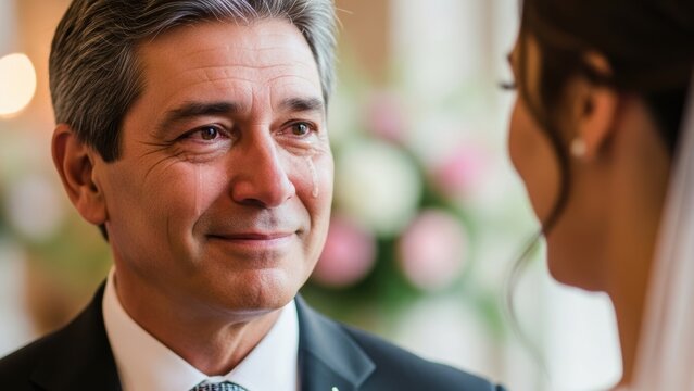 Emotional father with a tear in his eye looking at his daughter, the bride.
