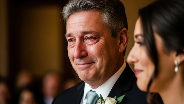 Proud father crying while looking at his bride daughter at her wedding.