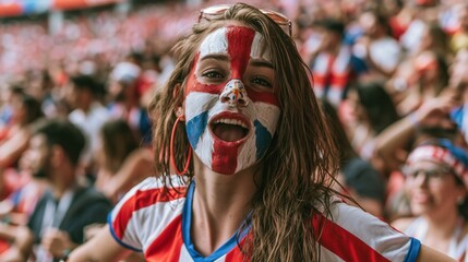 Obraz premium Cheerful Paraguayan female football fan with red white and blue face paint smiling in stadium crowd.