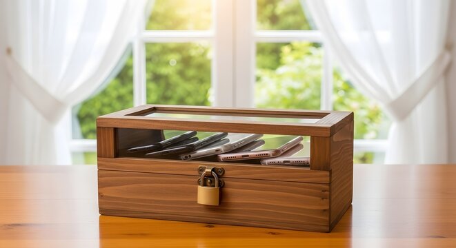Digital Detox Concept: Multiple Smartphones Locked in a Wooden Box to Unplug and Improve Well-being