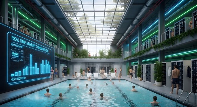 Modern Indoor Swimming Pool with Real-Time Energy Consumption Display and Biophilic Design, Promoting Sustainable Wellness and Active Lifestyle