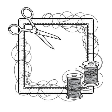 Square sewing frame with scissors and thread spools sketch.