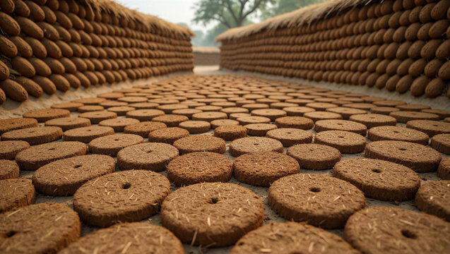 Dung cake landscape mode image keeping in sun shine for making dry generated by AI
