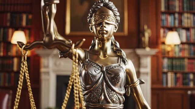 Statue of Justice in library setting representing futuristic concepts and abstract thought
