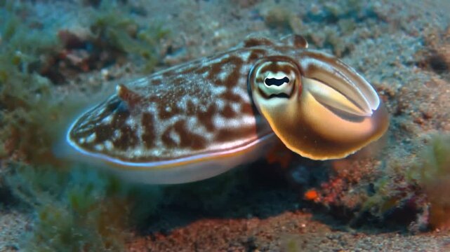 Cuttlefish Gracefully Swimming over Sandy Seabed Showcasing Its Intricate Patterns and Vibrant Colors for Marine Life Exploration Documentaries and Underwater Themes
