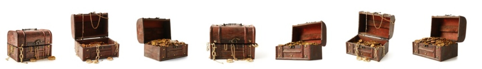 Set of old chests with pirate treasures on white background © Pixel-Shot