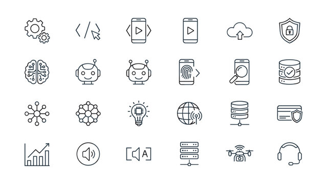 Security and web design interface icon set featuring fingerprint authentication and digital layout symbols for cybersecurity and software development projects in a clean modern linear vector style