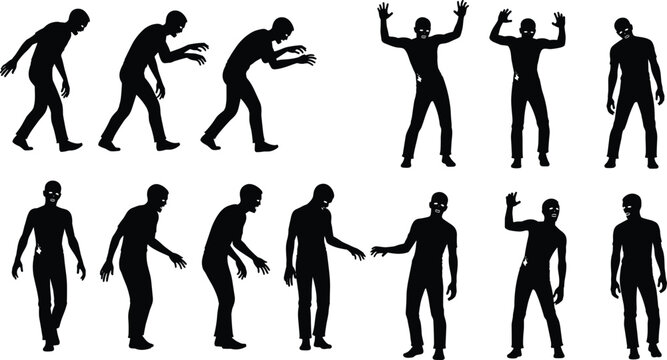 Zombie Silhouette Pose Set with Creepy Undead Characters, Walking and Attacking Figures for Horror Halloween Design