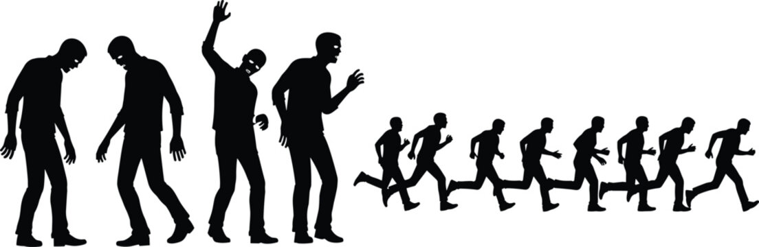 Zombie Evolution Silhouette Illustration from Human Running to Undead Walking with Creepy Horror Transformation Concept