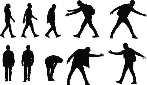 Zombie Walking Silhouette Set with Undead People Poses, Creepy Infected Characters, and Horror Halloween Design