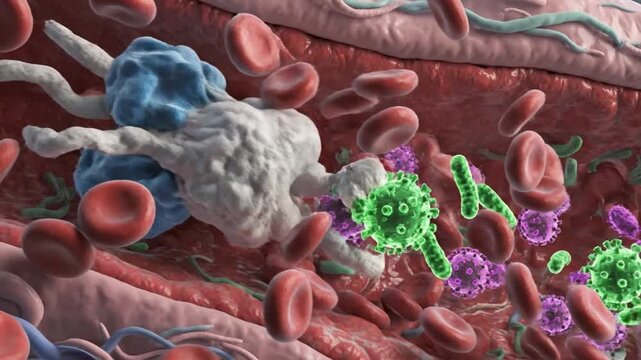 Ultra detailed cinematic 3D microscopic medical animation infection spreading inside lung tissue and bloodstream alveoli structures invaded by bacteria and viruses inflamed red tissue fluid buildup im