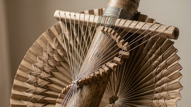 Detailed close-up of sasando strings, bamboo tube, and lontar leaf texture. Perfect for culture, artisan craft, and music education visuals.
