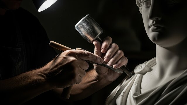 Sculptor's hands carving a marble statue with a chisel and mallet.
