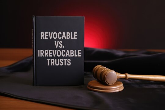 Legal book titled Revocable vs Irrevocable Trusts with a wooden judge gavel on a desk