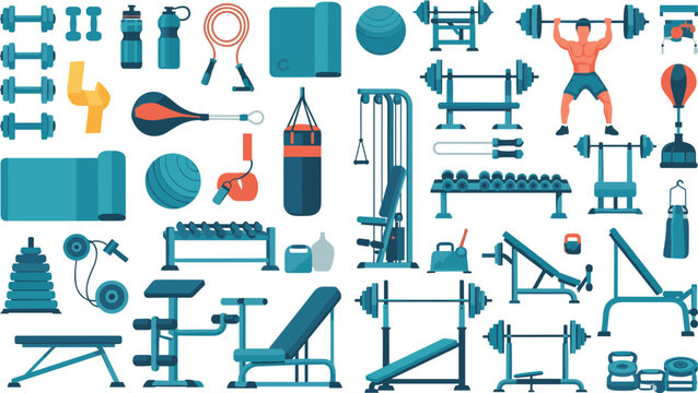 Comprehensive Gym Equipment and Workout Icon Set with Bench Press, Dumbbells, Machines, Punching Bag, and Strength Training Elements for Fitness Design